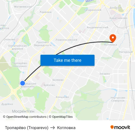 Тропарёво (Troparevo) to Котловка map