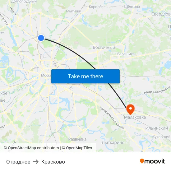 Отрадное to Красково map
