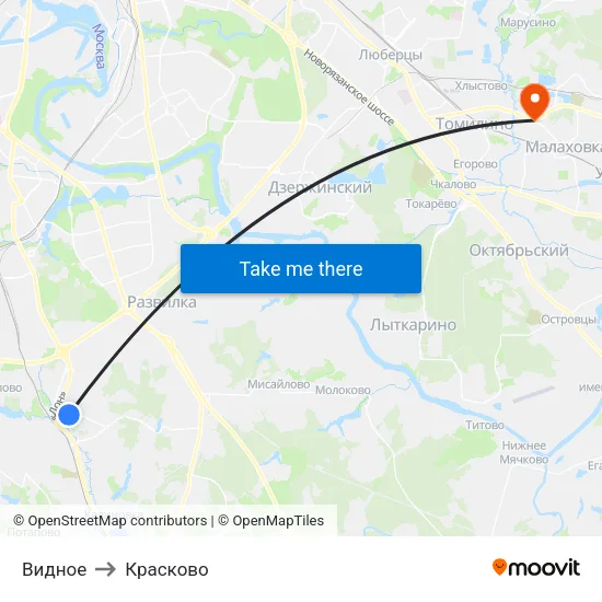 Видное to Красково map