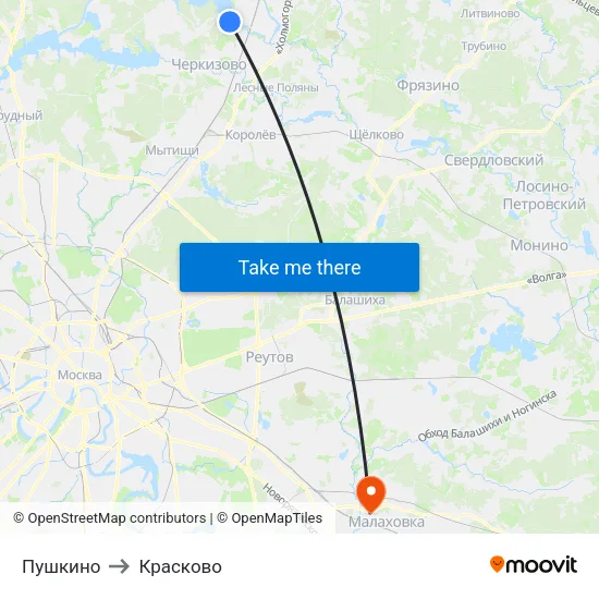 Пушкино to Красково map