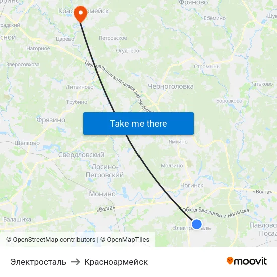 Электросталь to Красноармейск map