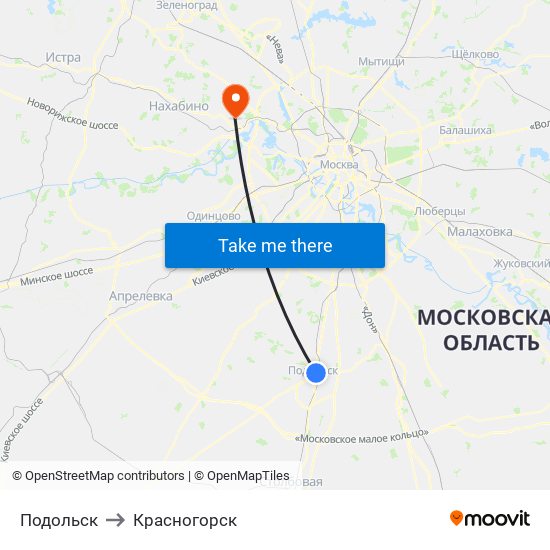 Подольск to Красногорск map