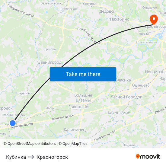 Кубинка to Красногорск map