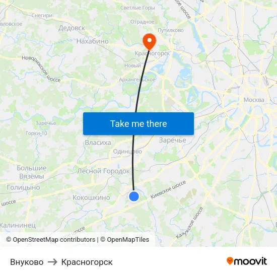 Внуково to Красногорск map
