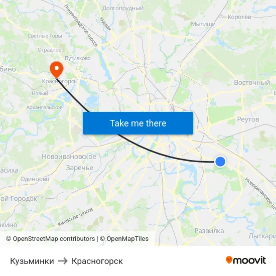 Кузьминки to Красногорск map