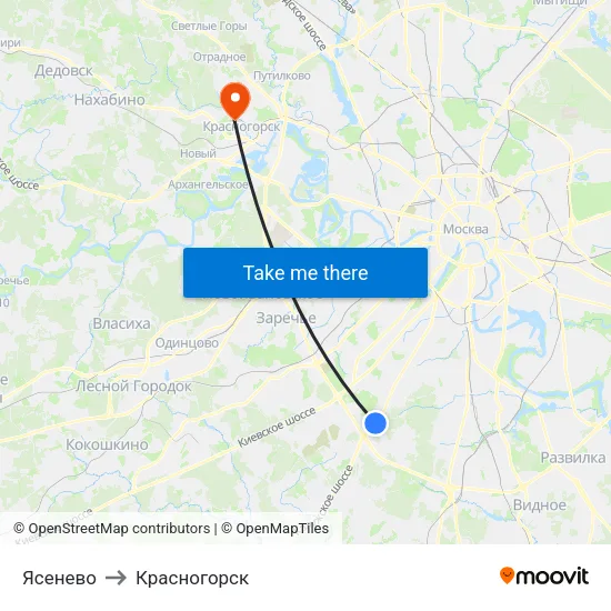 Ясенево to Красногорск map