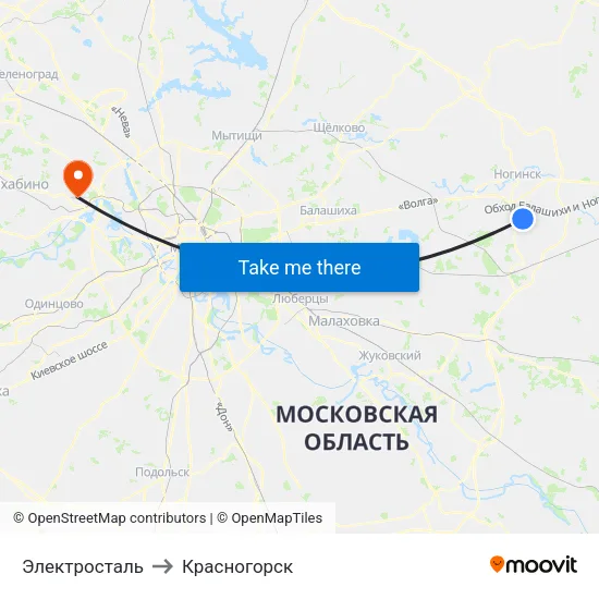 Электросталь to Красногорск map