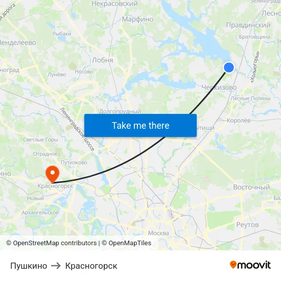 Пушкино to Красногорск map
