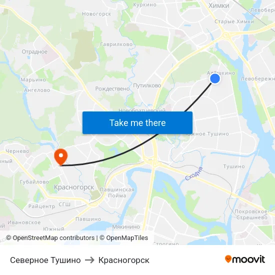Северное Тушино to Красногорск map