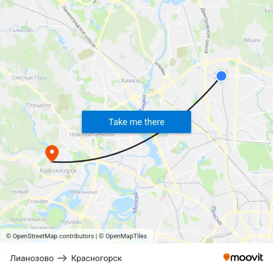 Лианозово to Красногорск map