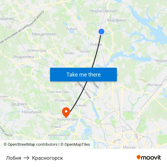 Лобня to Красногорск map