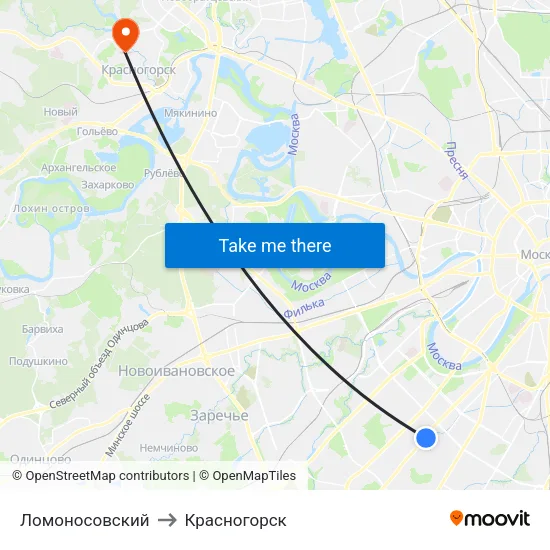 Ломоносовский to Красногорск map