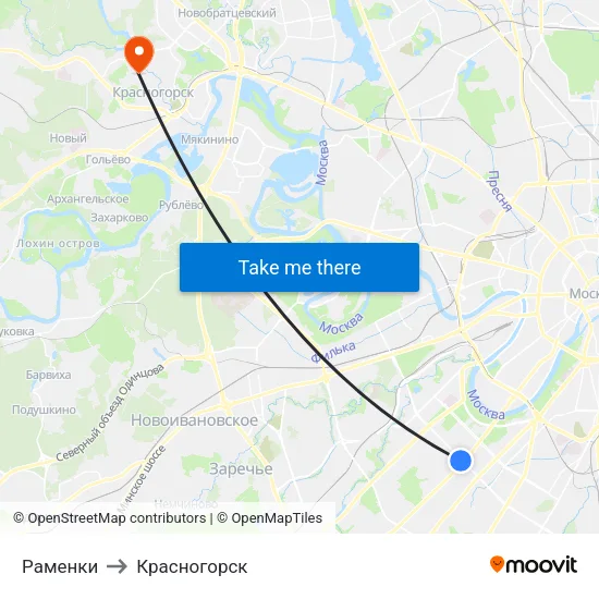 Раменки to Красногорск map