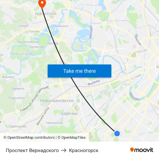 Проспект Вернадского to Красногорск map