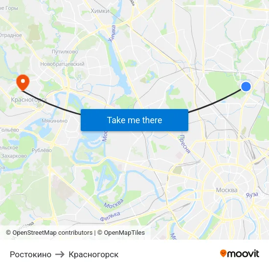 Ростокино to Красногорск map