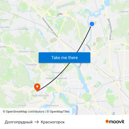 Долгопрудный to Красногорск map