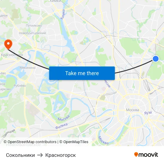 Сокольники to Красногорск map