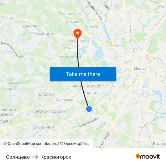 Солнцево to Красногорск map