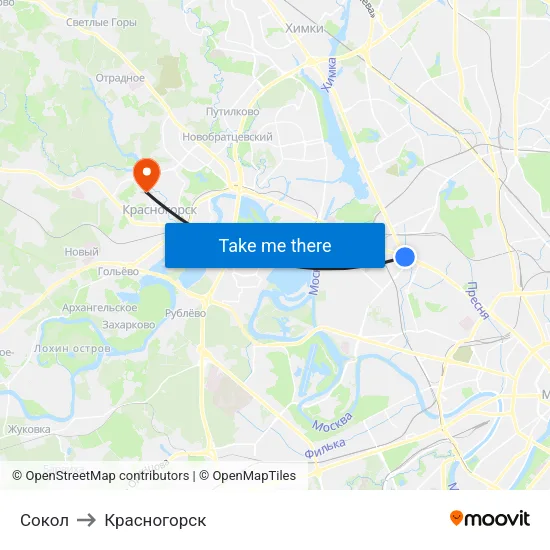 Сокол to Красногорск map