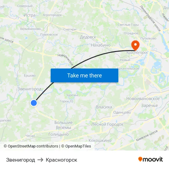 Звенигород to Красногорск map