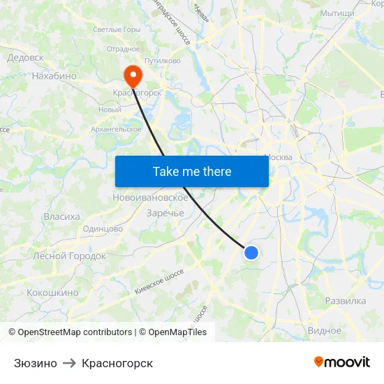 Зюзино to Красногорск map