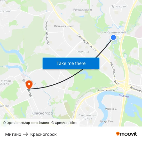 Митино to Красногорск map