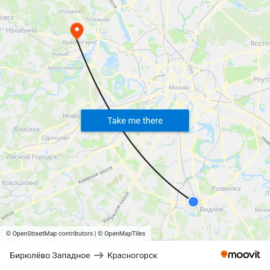Бирюлёво Западное to Красногорск map
