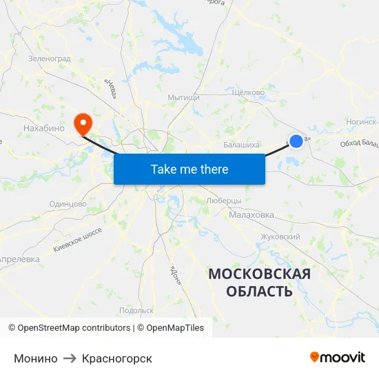 Монино to Красногорск map