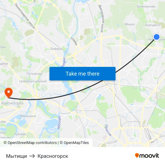 Мытищи to Красногорск map