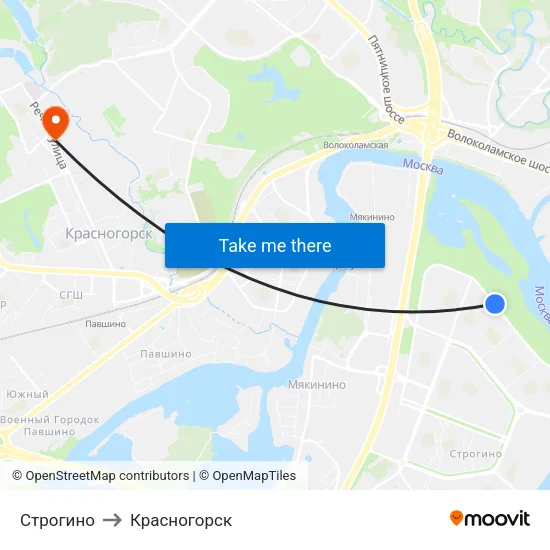 Строгино to Красногорск map