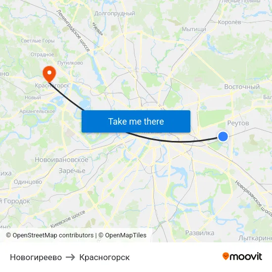 Новогиреево to Красногорск map