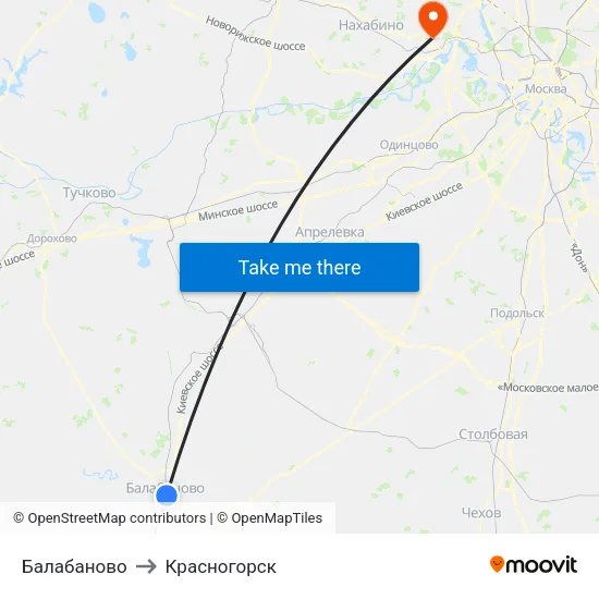 Балабаново to Красногорск map