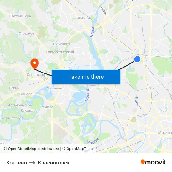 Коптево to Красногорск map