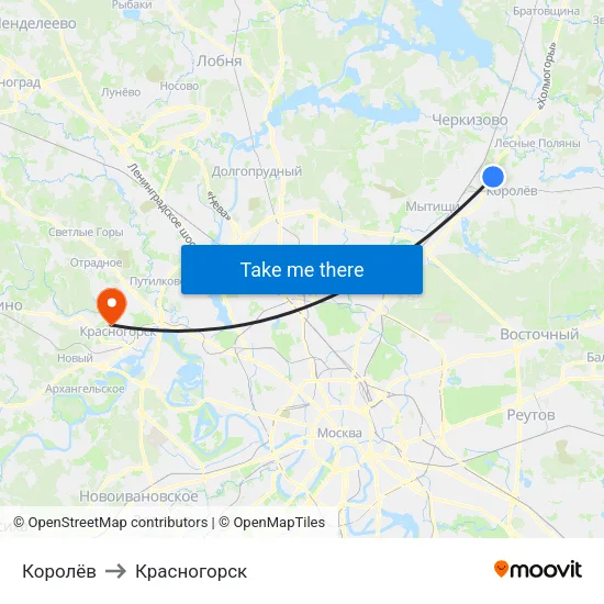 Королёв to Красногорск map