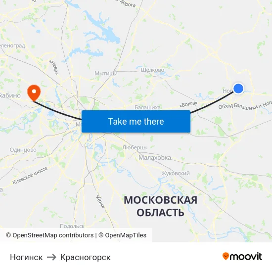 Ногинск to Красногорск map
