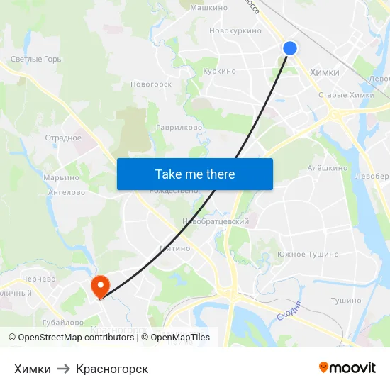 Химки to Красногорск map