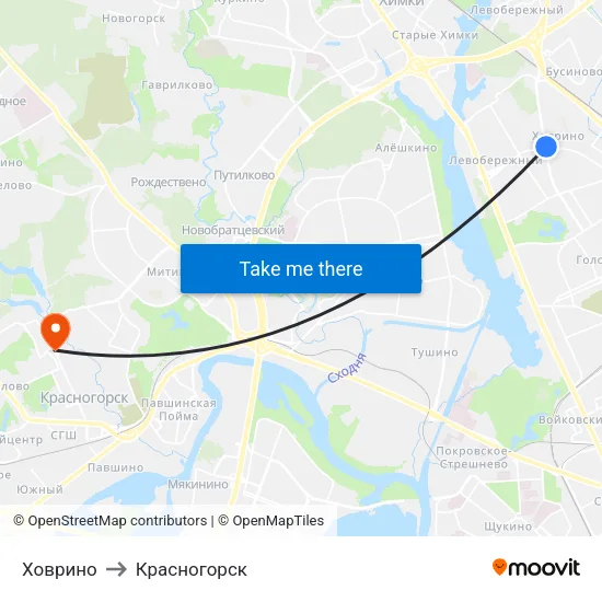 Ховрино to Красногорск map