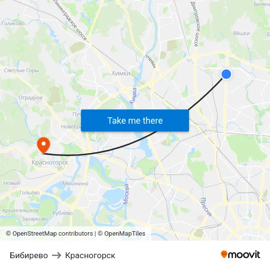 Бибирево to Красногорск map