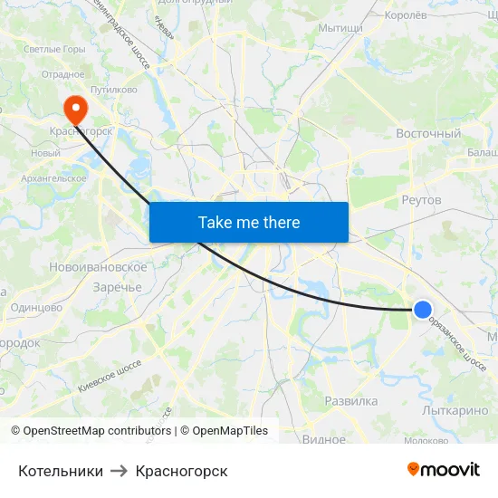 Котельники to Красногорск map