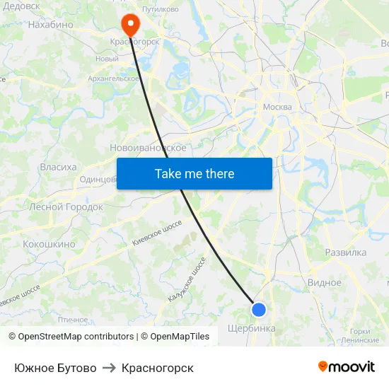 Южное Бутово to Красногорск map