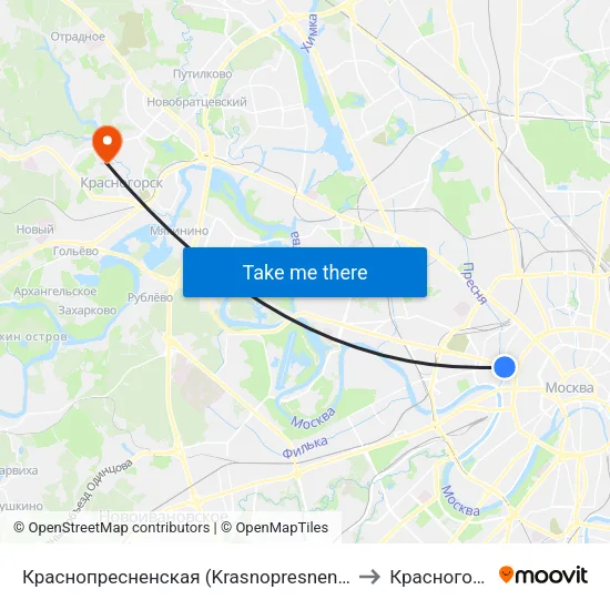 Краснопресненская (Krasnopresnenskaya) to Красногорск map