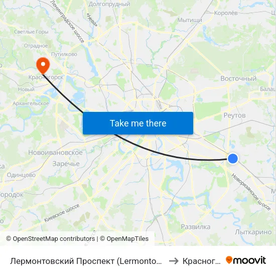 Лермонтовский Проспект (Lermontovsky Prospekt) to Красногорск map