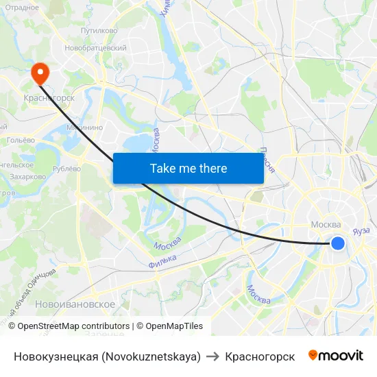 Новокузнецкая (Novokuznetskaya) to Красногорск map