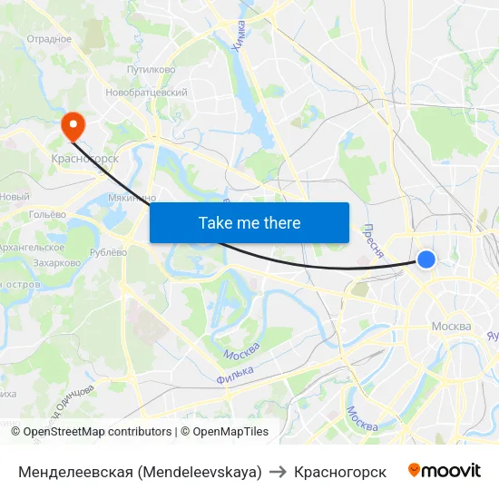 Менделеевская (Mendeleevskaya) to Красногорск map