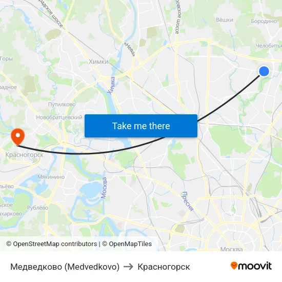 Медведково (Medvedkovo) to Красногорск map