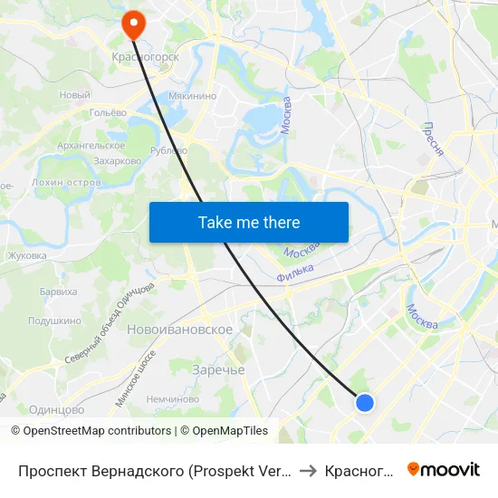 Проспект Вернадского (Prospekt Vernadskogo) to Красногорск map
