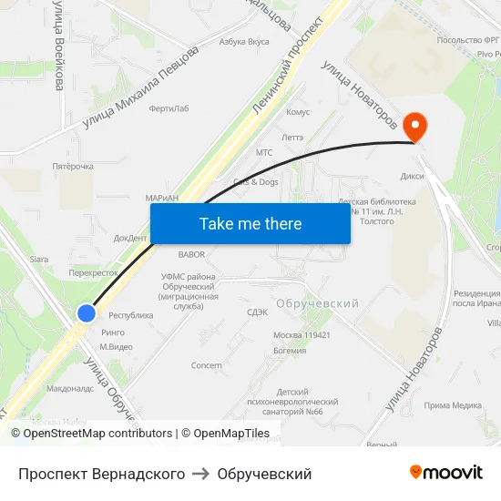 Проспект Вернадского to Обручевский map