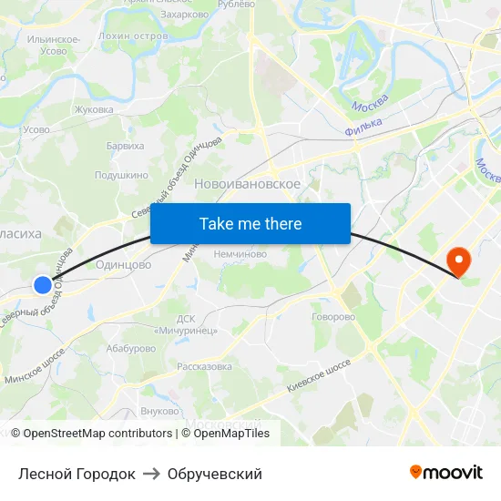 Лесной Городок to Обручевский map