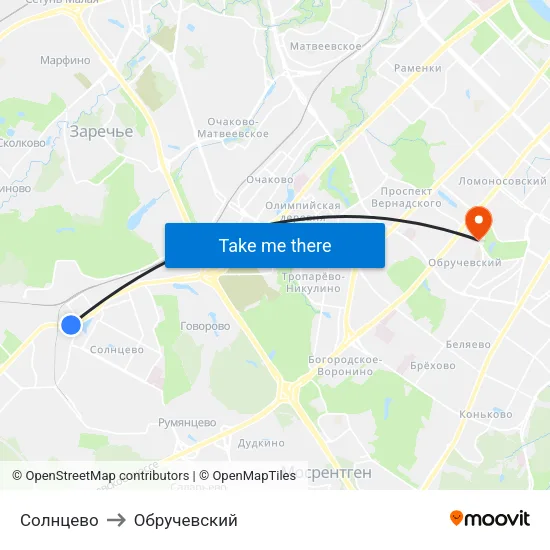 Солнцево to Обручевский map