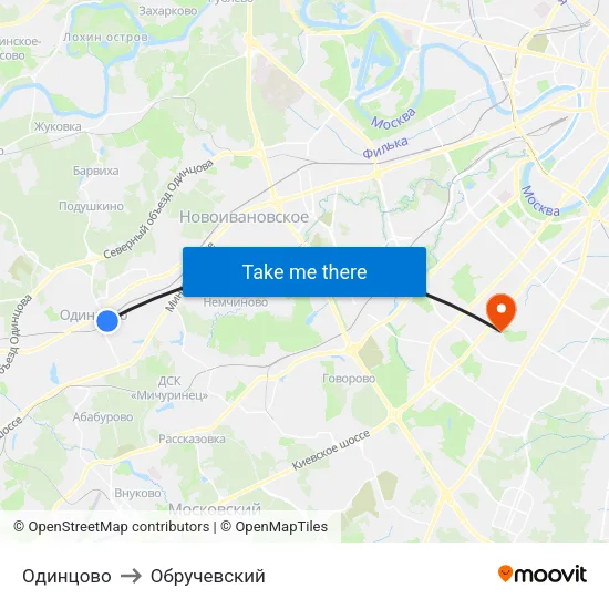 Одинцово to Обручевский map